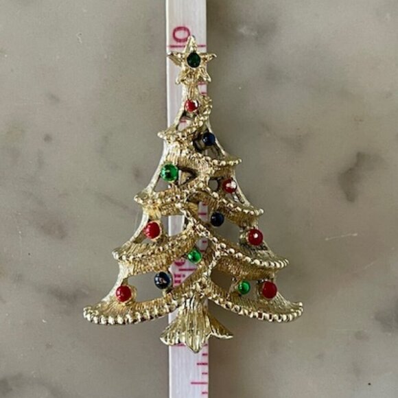 GERRY'S Vintage Gold Tone Rhinestone Christmas Tree Brooch Pin - Picture 12 of 13
